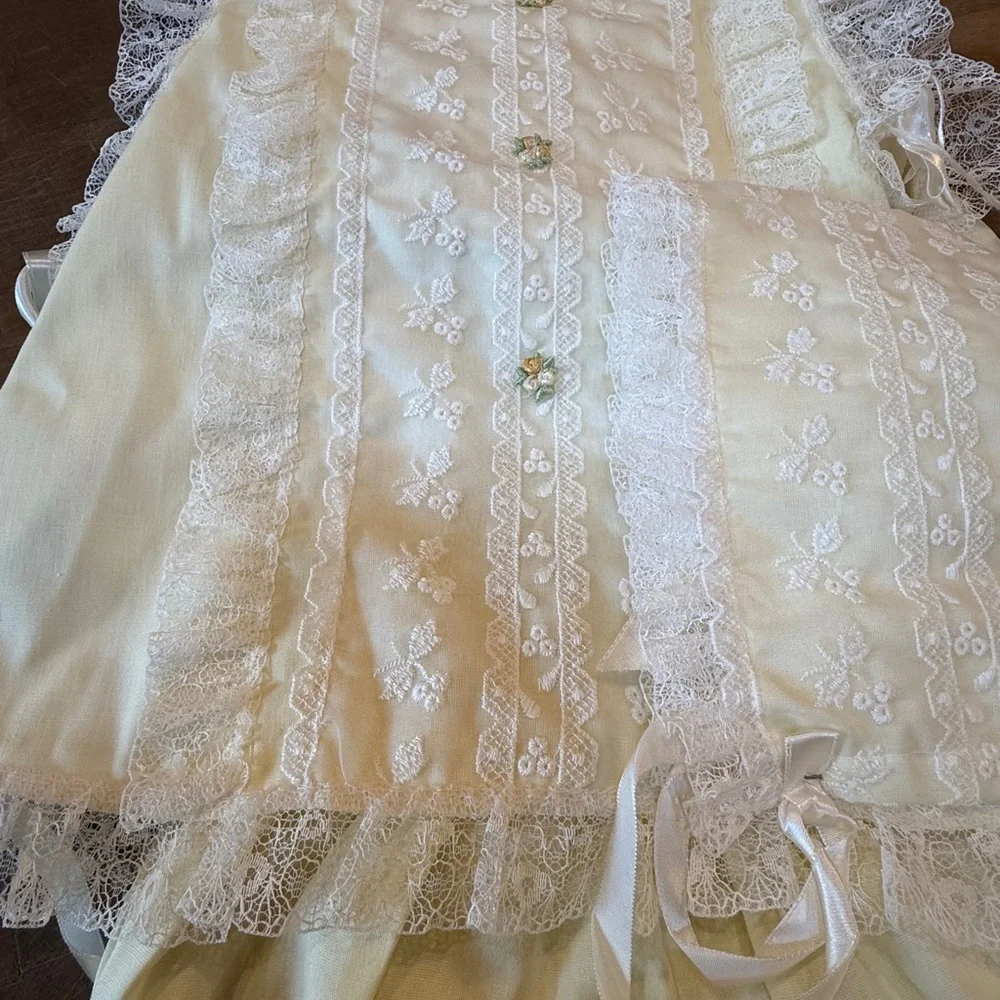 Vintage Sears Fashions for Tiny Tots Pale Yellow Baby Dress with White Lace Trim